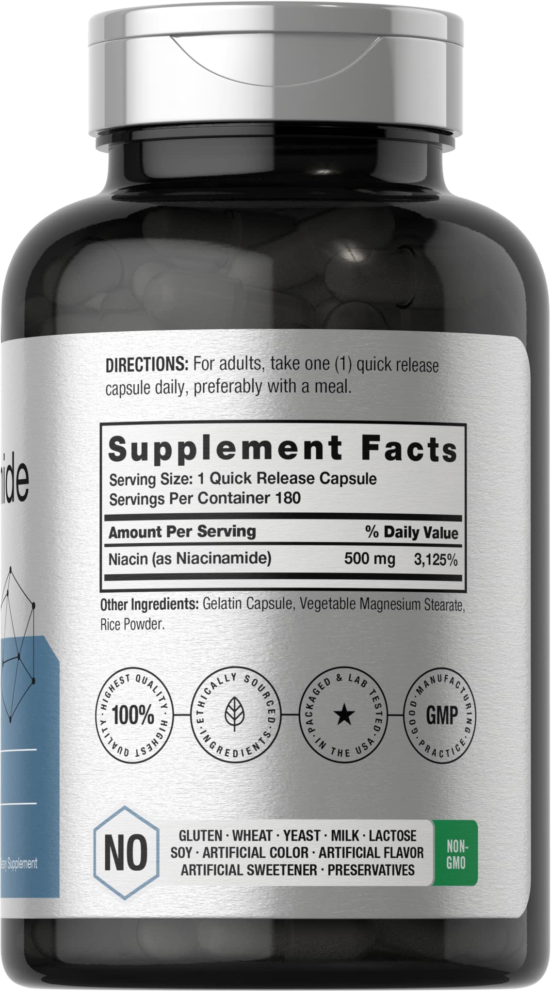 Horbäach Nicotinamide 500mg bottle label