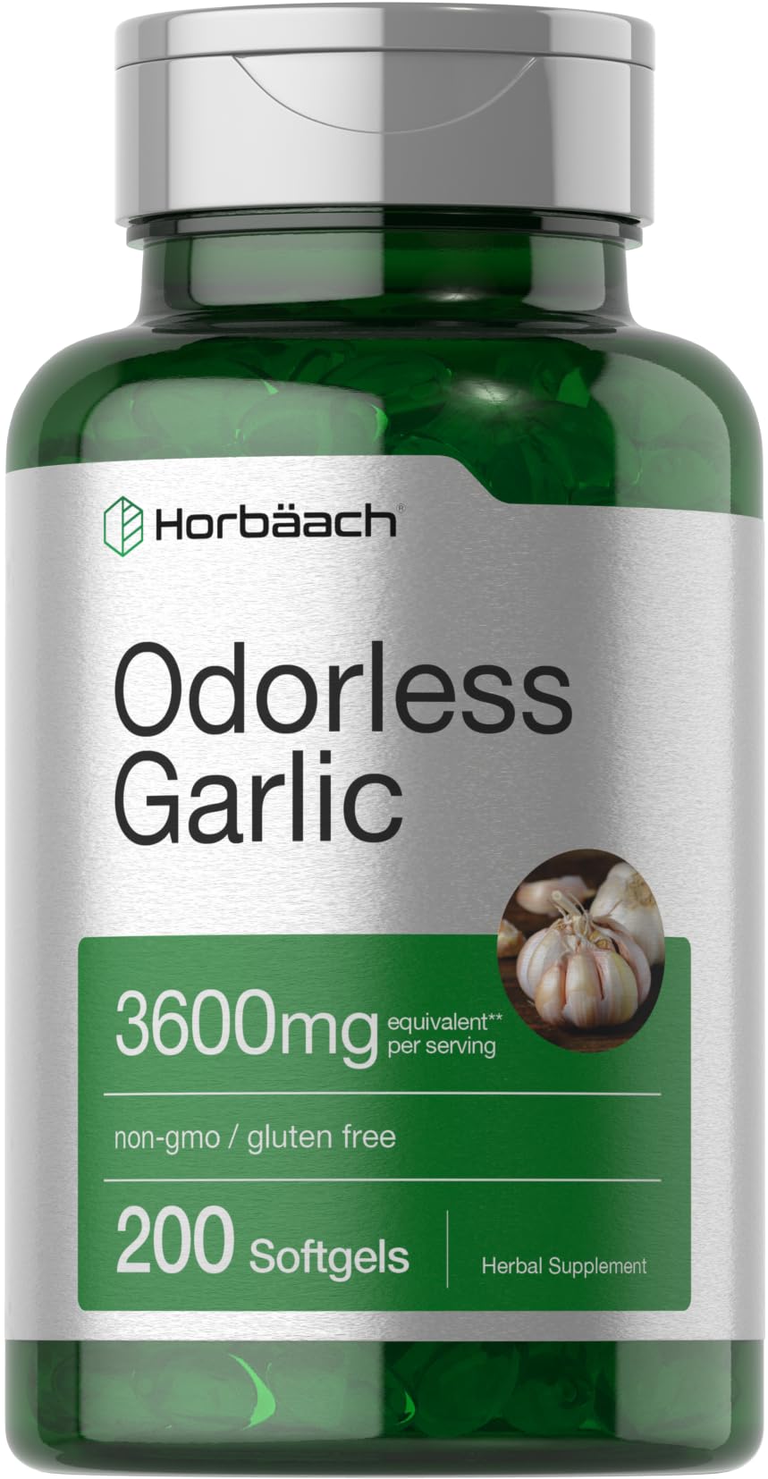 Horbäach Odorless Garlic Softgels bottle front view, 3600 mg per serving