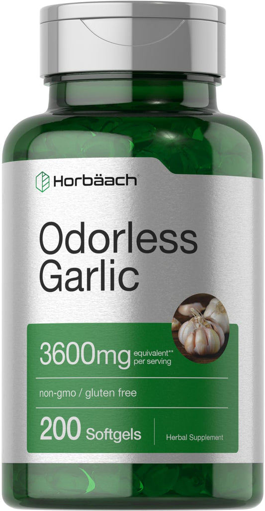 Horbäach Odorless Garlic Softgels bottle front view, 3600 mg per serving