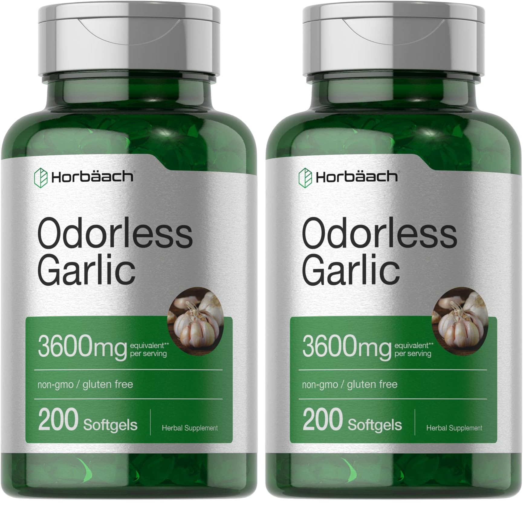 Front view of Horbäach Odorless Garlic Softgels 3600 mg bottle, pack of 2 (200 capsules)