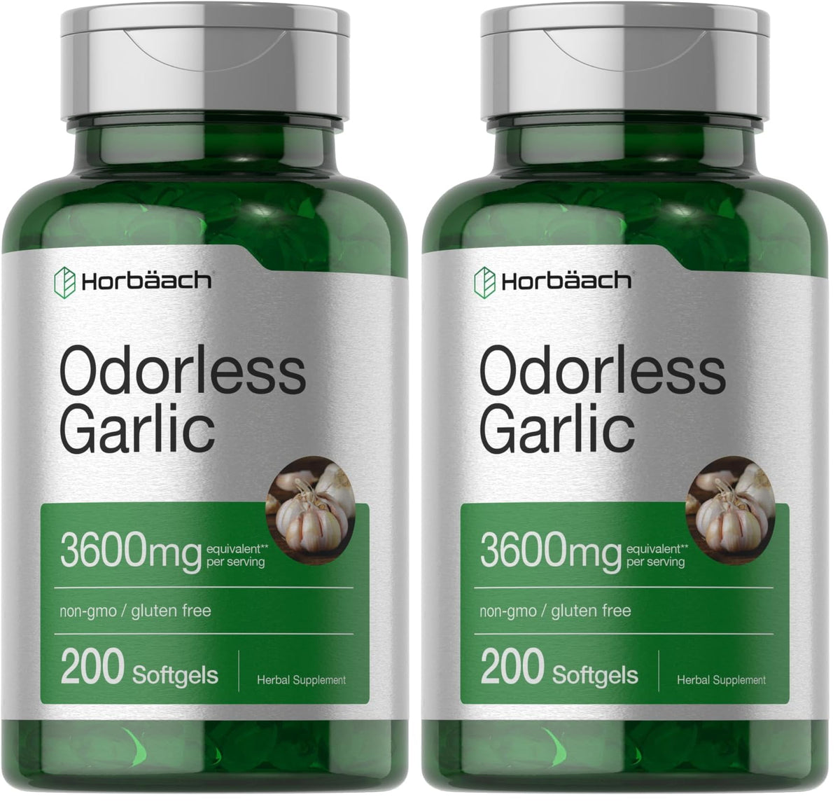 Front view of Horbäach Odorless Garlic Softgels 3600 mg bottle, pack of 2 (200 capsules)