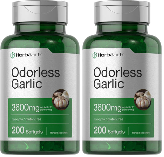 Front view of Horbäach Odorless Garlic Softgels 3600 mg bottle, pack of 2 (200 capsules)