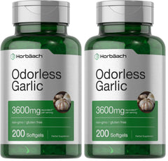 Front view of Horbäach Odorless Garlic Softgels 3600 mg bottle, pack of 2 (200 capsules)