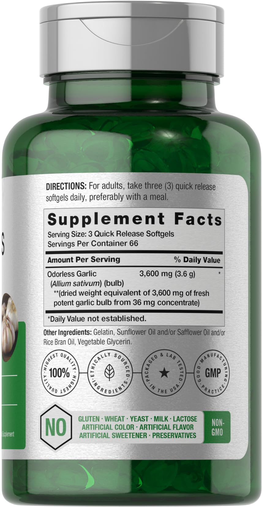 Close-up of garlic softgel capsules