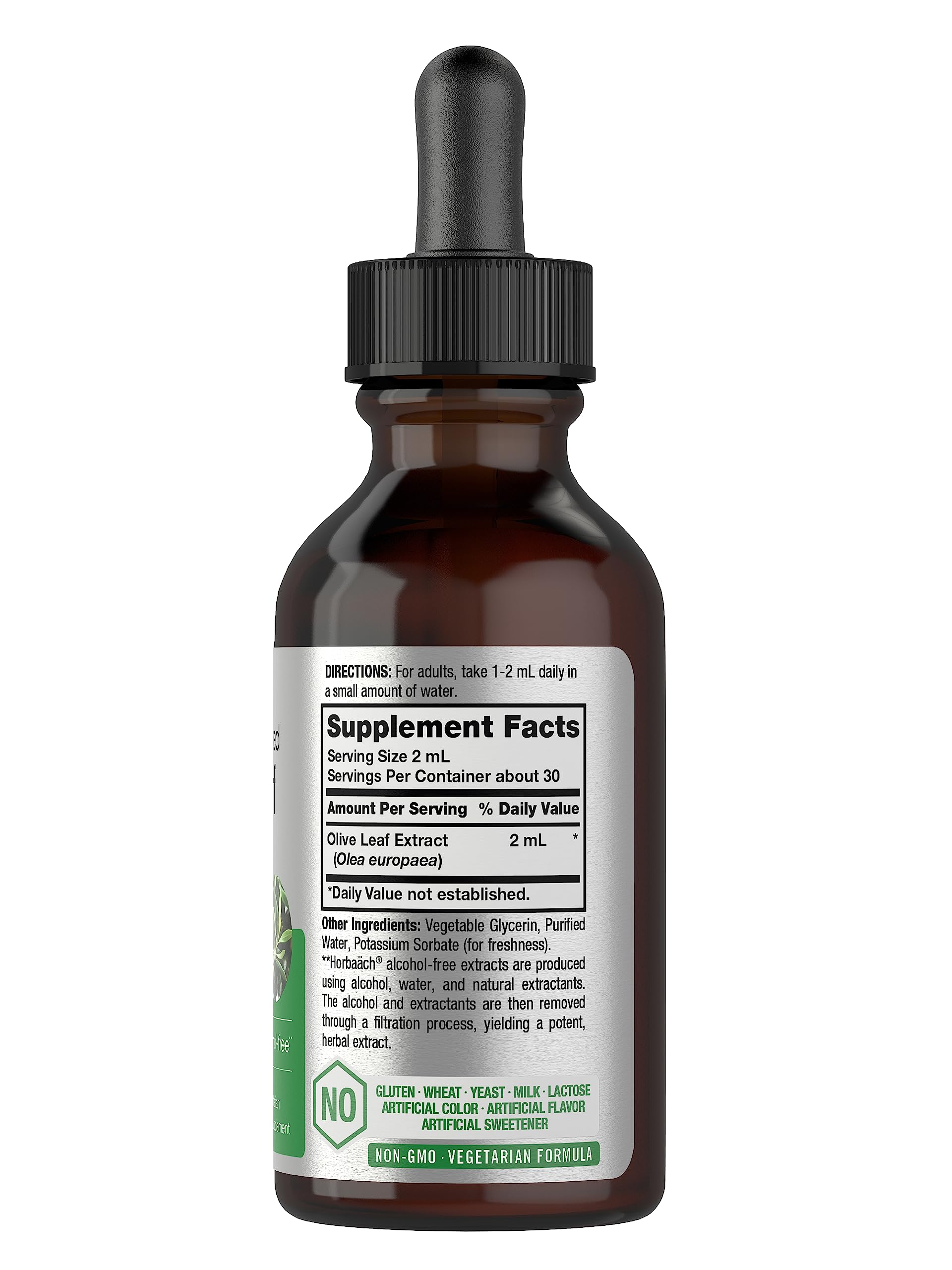 Front view of Horbaach Olive Leaf Extract Liquid 2 oz bottle