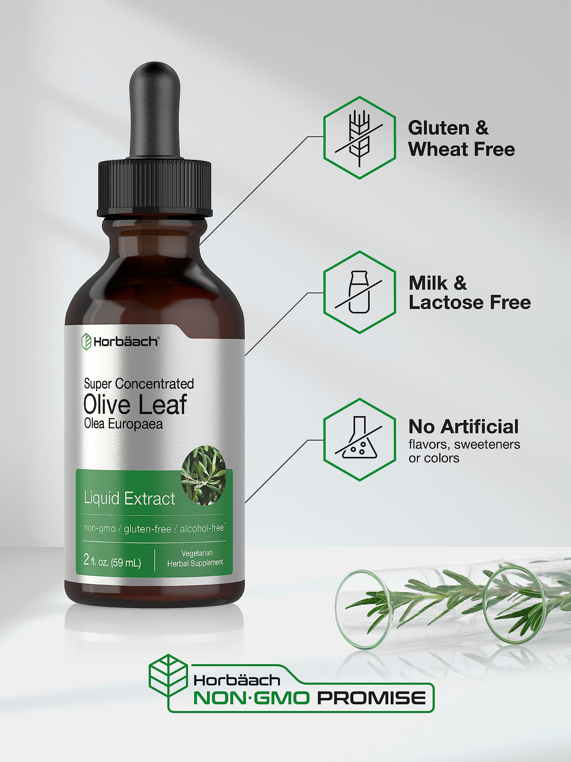 Horbaach Olive Leaf Extract Liquid 2 oz product label