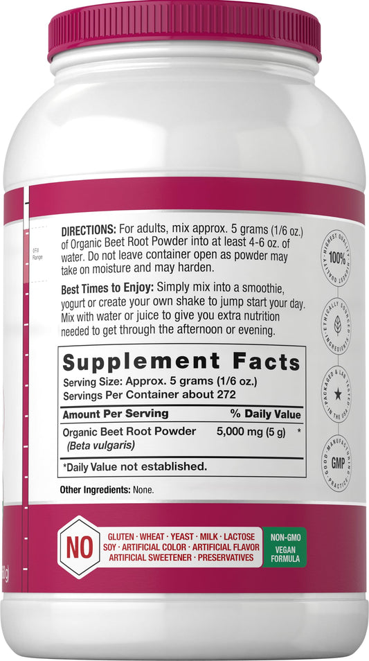 Back label displaying ingredients and nutrition for Horbaach Beet Root Powder