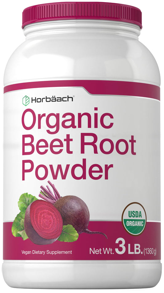 Front view of Horbaach Organic Beet Root Powder 3lb container