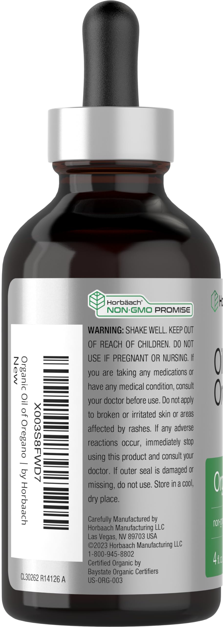 Product label showing Horbäach Organic Oil of Oregano
