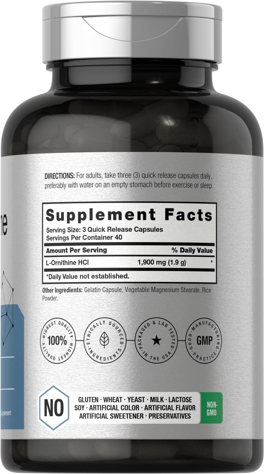 Front view of Horbaach Ornithine HCl bottle