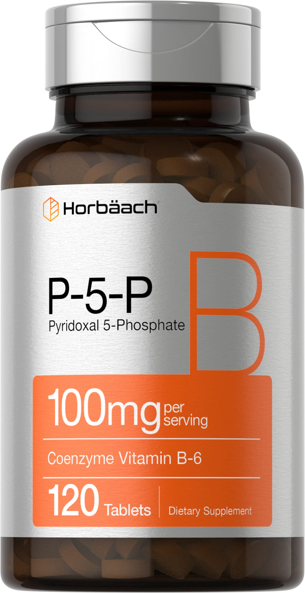 Front view of Horbaach P5P Activated Vitamin B6 100 mg bottle
