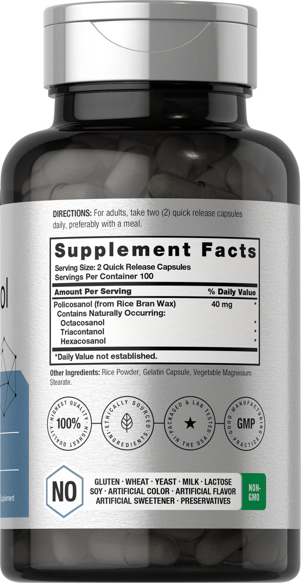 Nutrition and ingredients panel on Horbaach Policosanol bottle