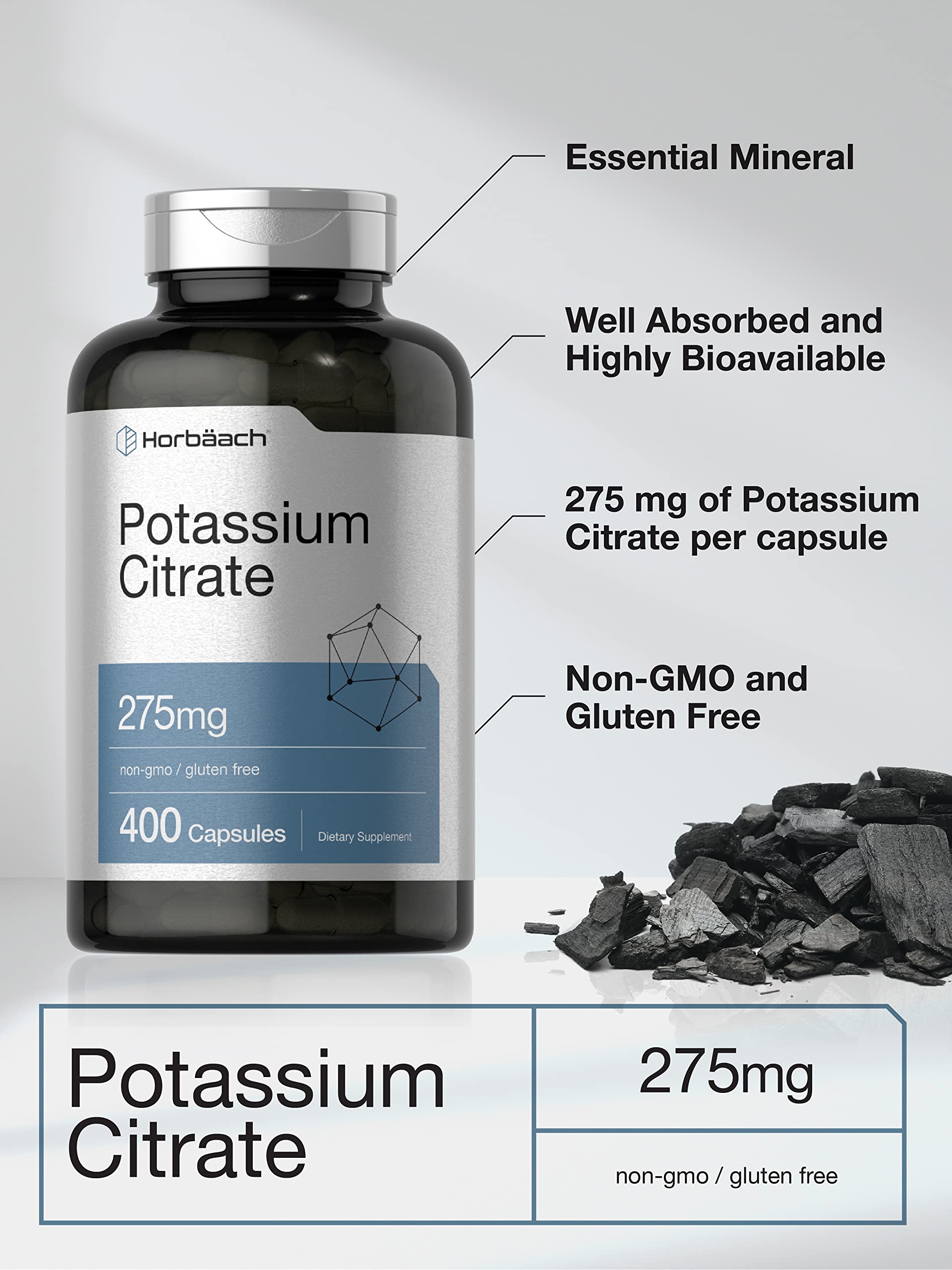 Nutrition facts panel for Horbaach Potassium Citrate 275 mg