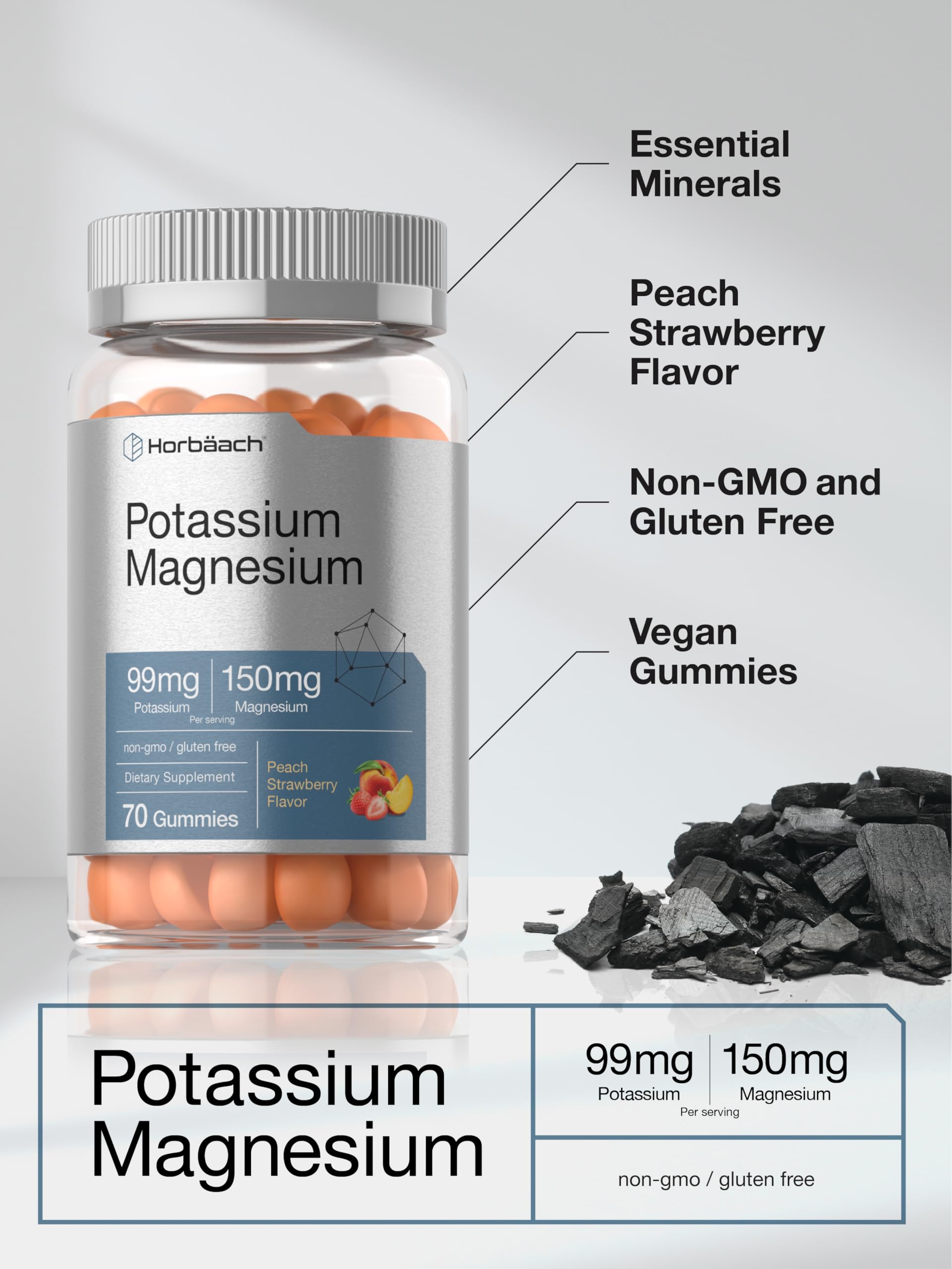 Pack shot of Horbaach Potassium Magnesium Gummies Peach Strawberry 70 count