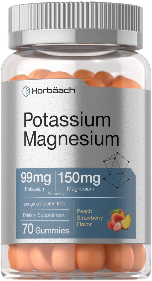 Front view of Horbaach Potassium Magnesium Gummies Peach Strawberry 70 count bottle