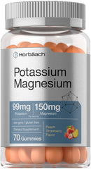 Front view of Horbaach Potassium Magnesium Gummies Peach Strawberry 70 count bottle