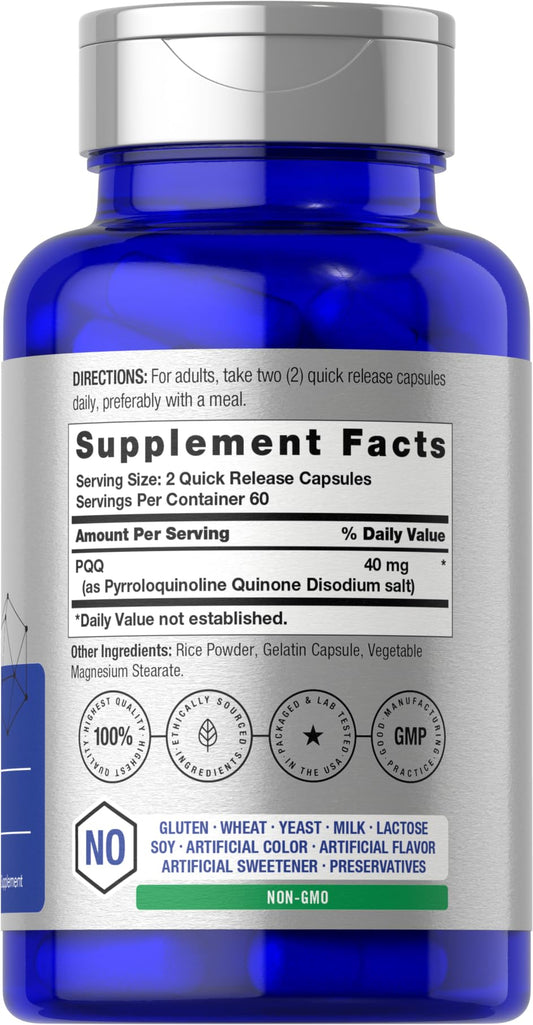 Back view showing supplement facts for Horbaach PQQ 40 mg