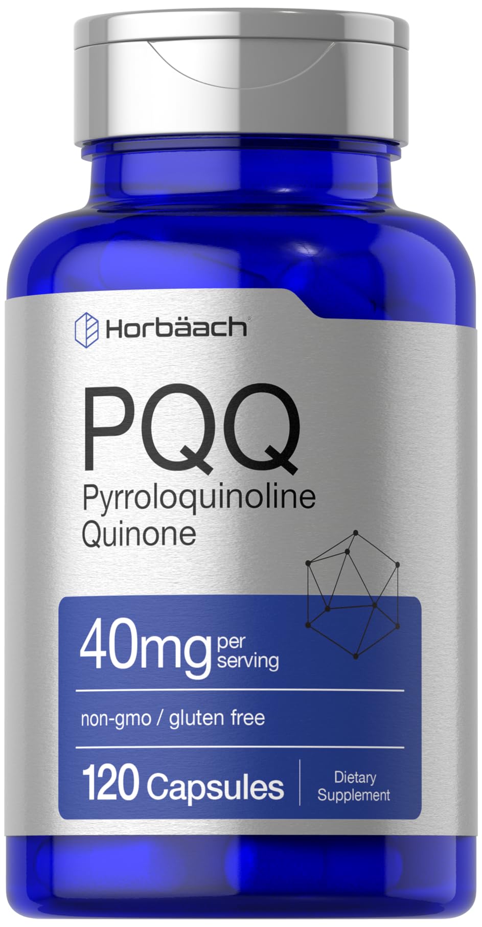 Front view of Horbaach PQQ Supplement bottle with 40 mg capsules