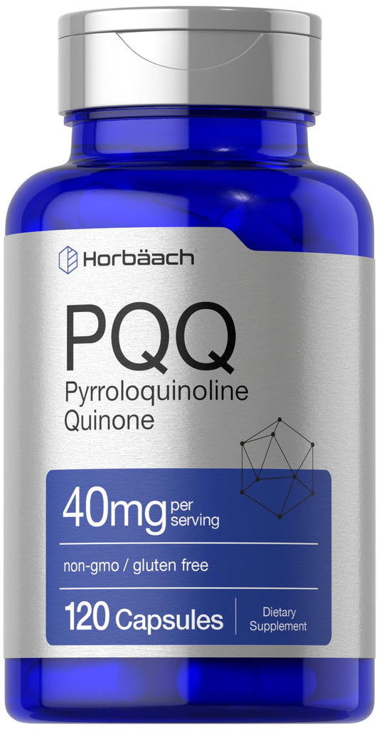 Front view of Horbaach PQQ Supplement bottle with 40 mg capsules