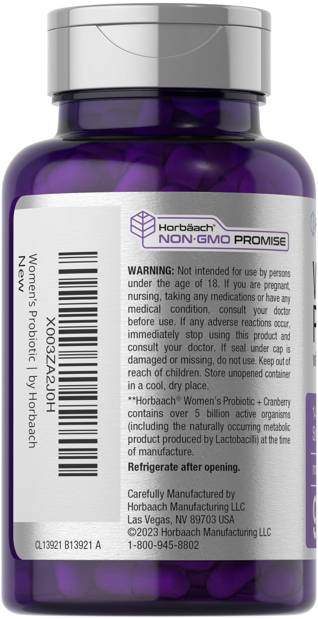 Close-up of Horbäach Probiotic for Women with Cranberry label