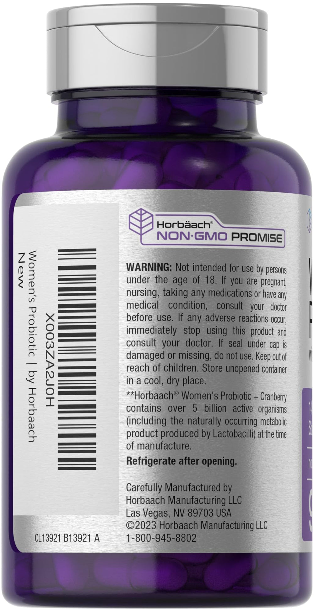 Close-up of Horbäach Probiotic for Women with Cranberry label