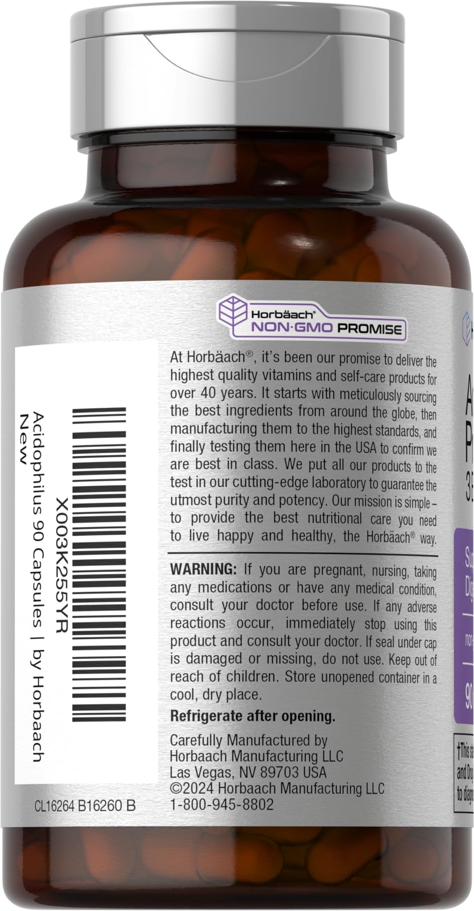 Horbaach Probiotic bottle back label with supplement facts