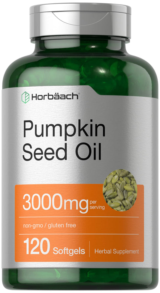 Bottle of Horbaach Pumpkin Seed Oil 3000mg with 120 softgel capsules