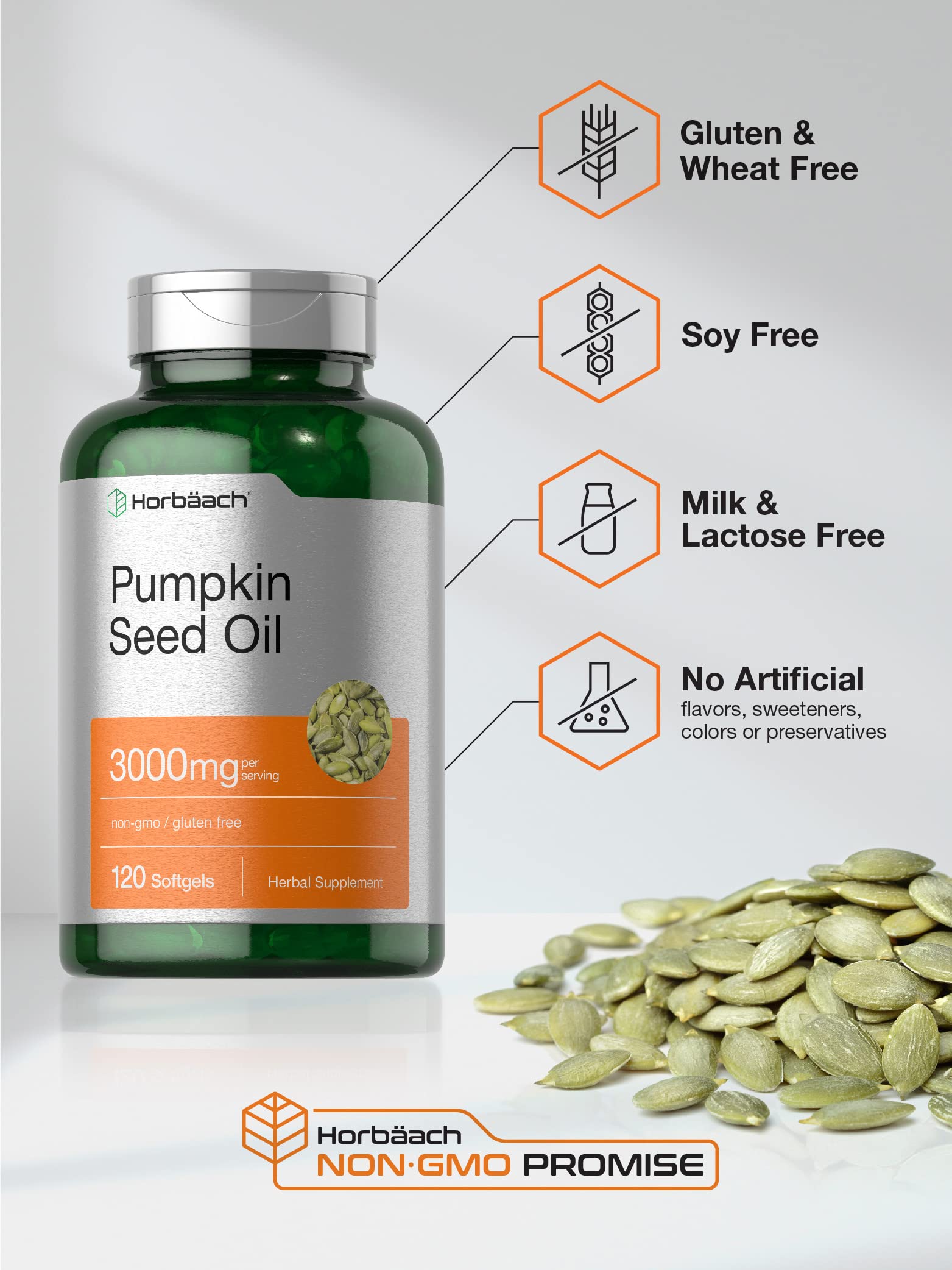 Close-up of Horbäach Pumpkin Seed Oil bottle and softgel capsules
