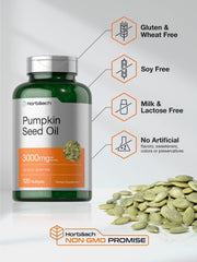 Close-up of Horbäach Pumpkin Seed Oil bottle and softgel capsules