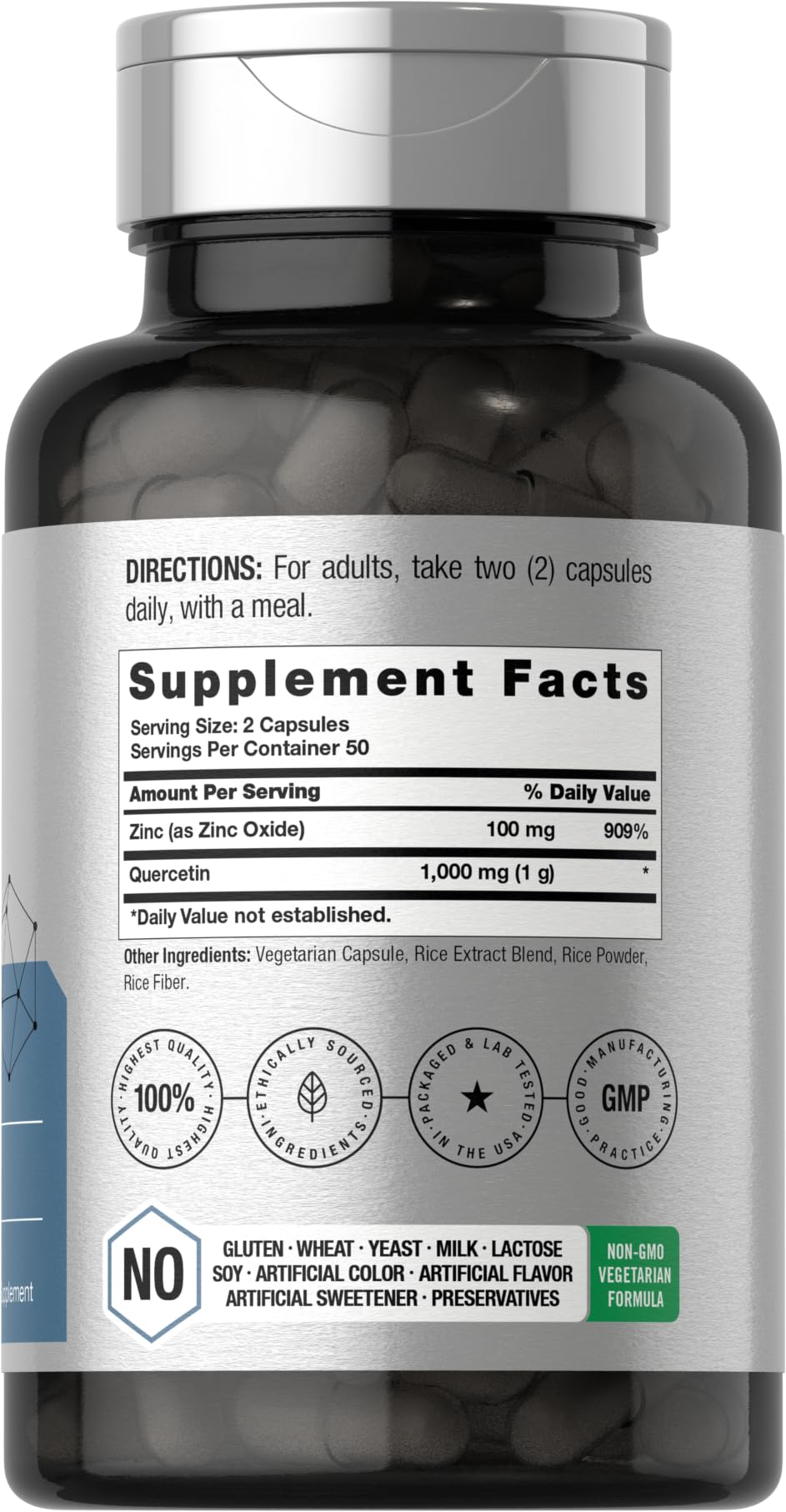 Back label of Horbaach Quercetin 1000mg with Zinc bottle showing supplement facts