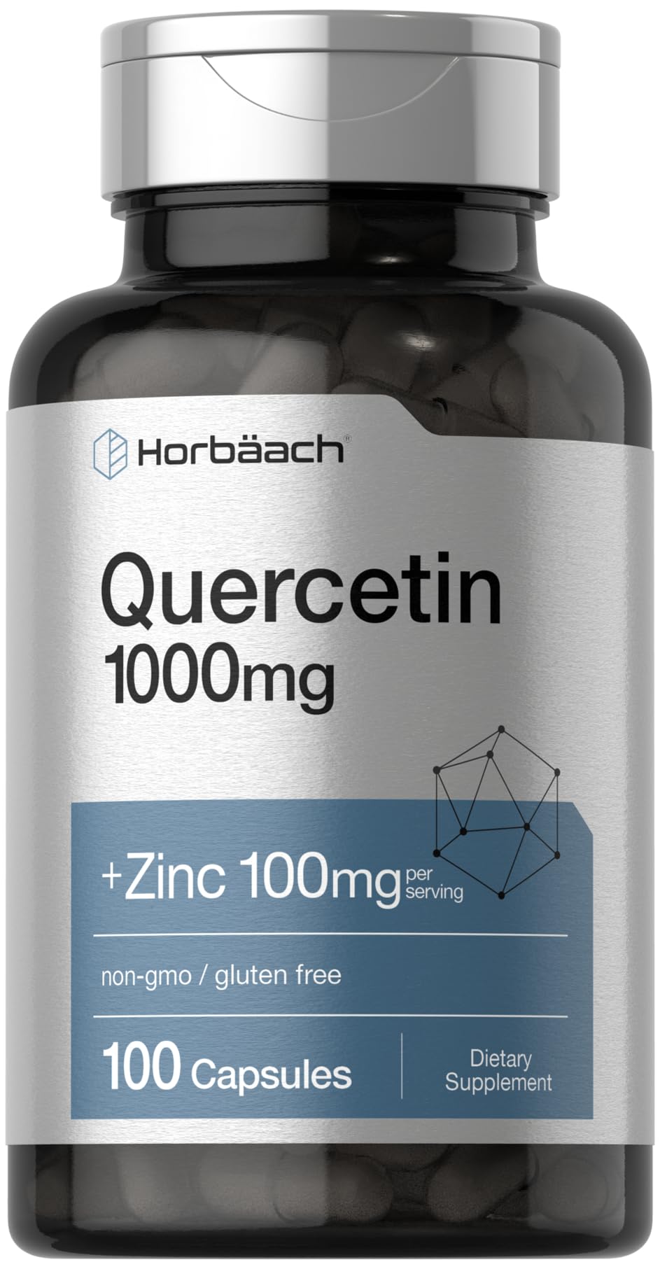 Front view of Horbaach Quercetin 1000mg with Zinc bottle, 100-count