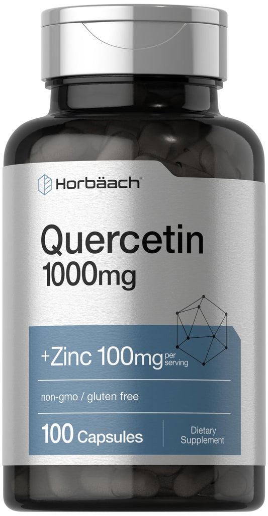Front view of Horbaach Quercetin 1000mg with Zinc bottle, 100-count