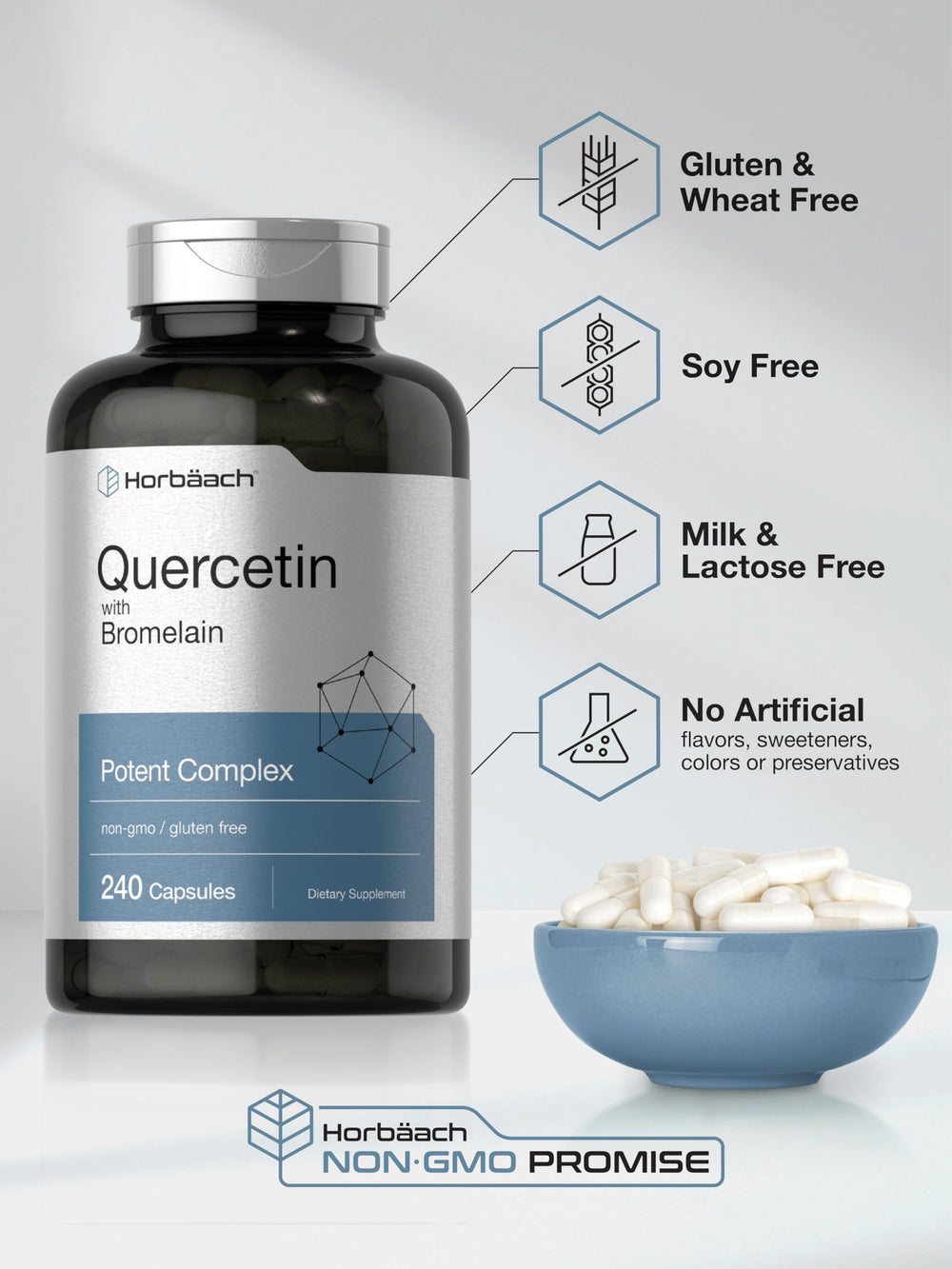 Gluten-free Non-GMO Horbaach quercetin bromelain bottle
