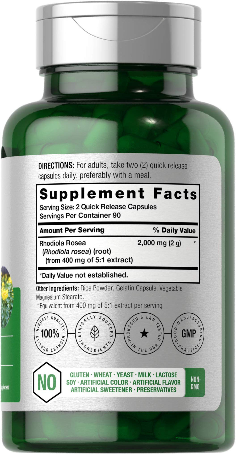 Horbäach Rhodiola Rosea bottle back panel with supplement facts