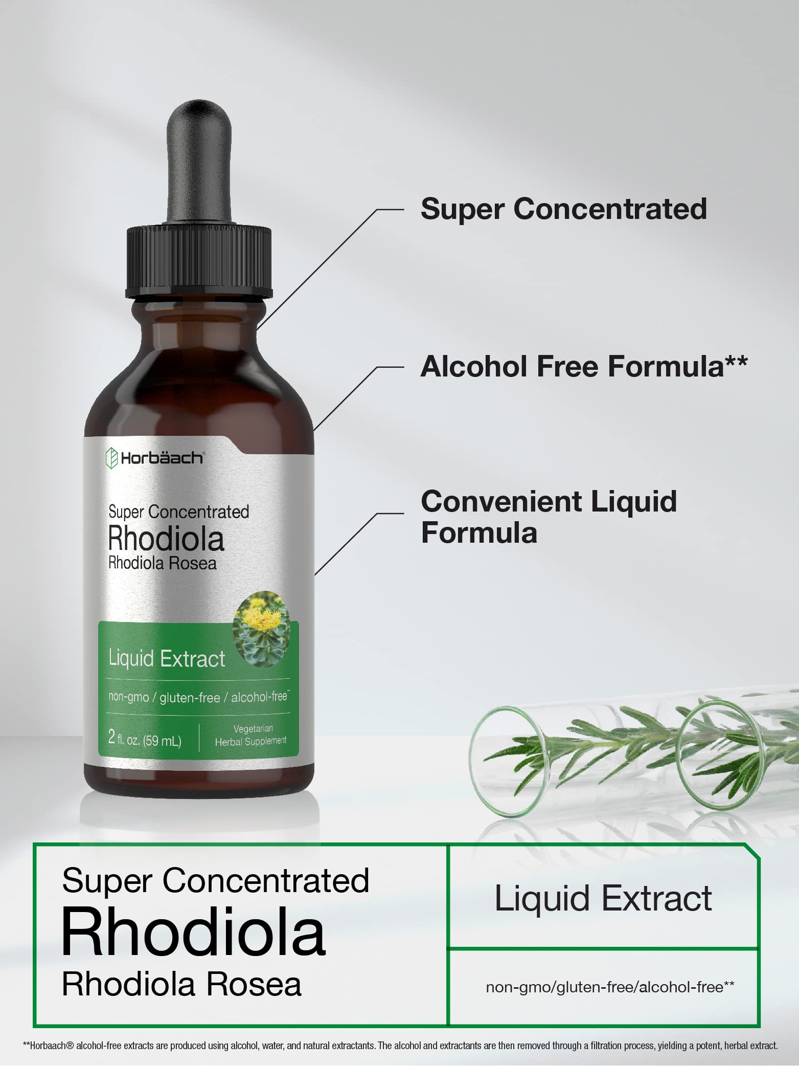 Amber glass Horbaach Rhodiola Rosea tincture bottle with label