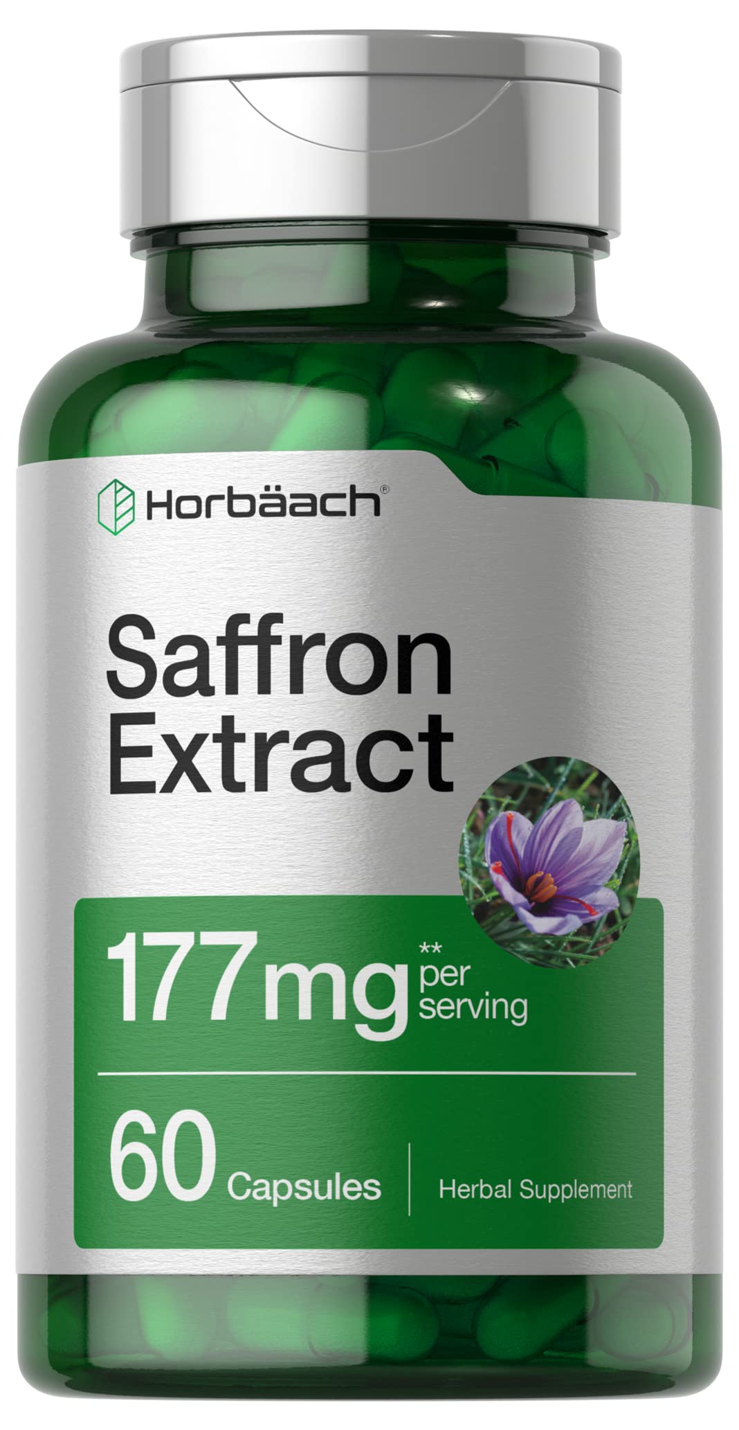 Bottle of Horbaach Saffron Extract Capsules with 177 mg per serving and 60 pills