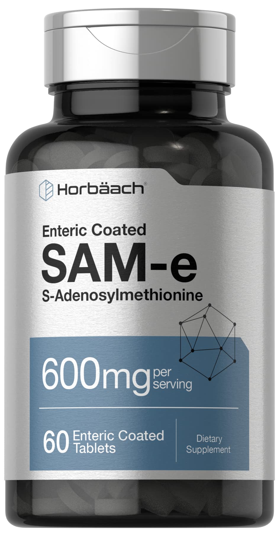 Front view of Horbaach SAM-e 600mg vegetarian tablets bottle