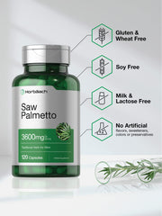 Back label showing supplement facts for Horbaach Saw Palmetto Extract 120 capsules pack of 2