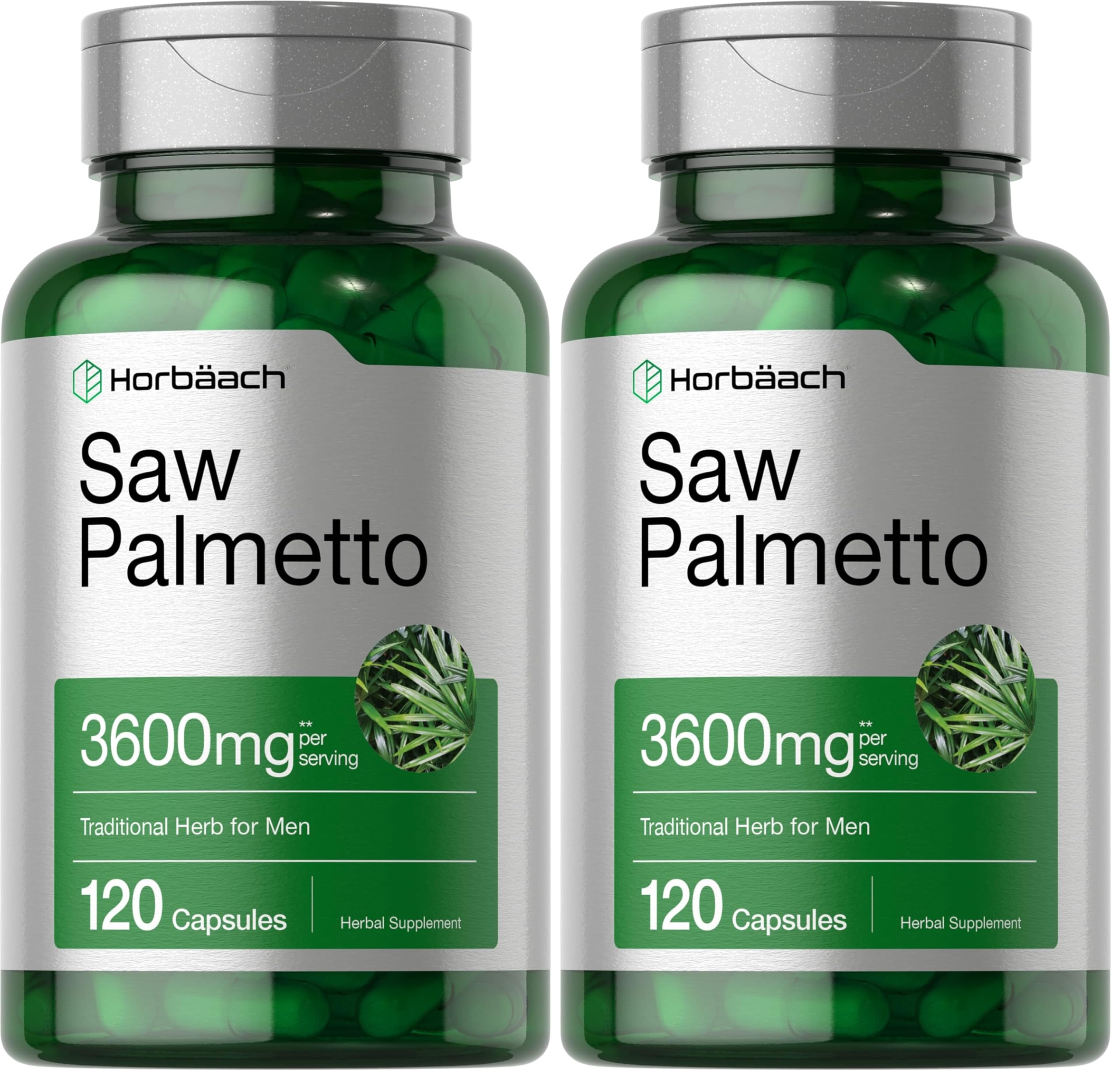 Front view of Horbaach Saw Palmetto Extract 120 capsules pack of 2