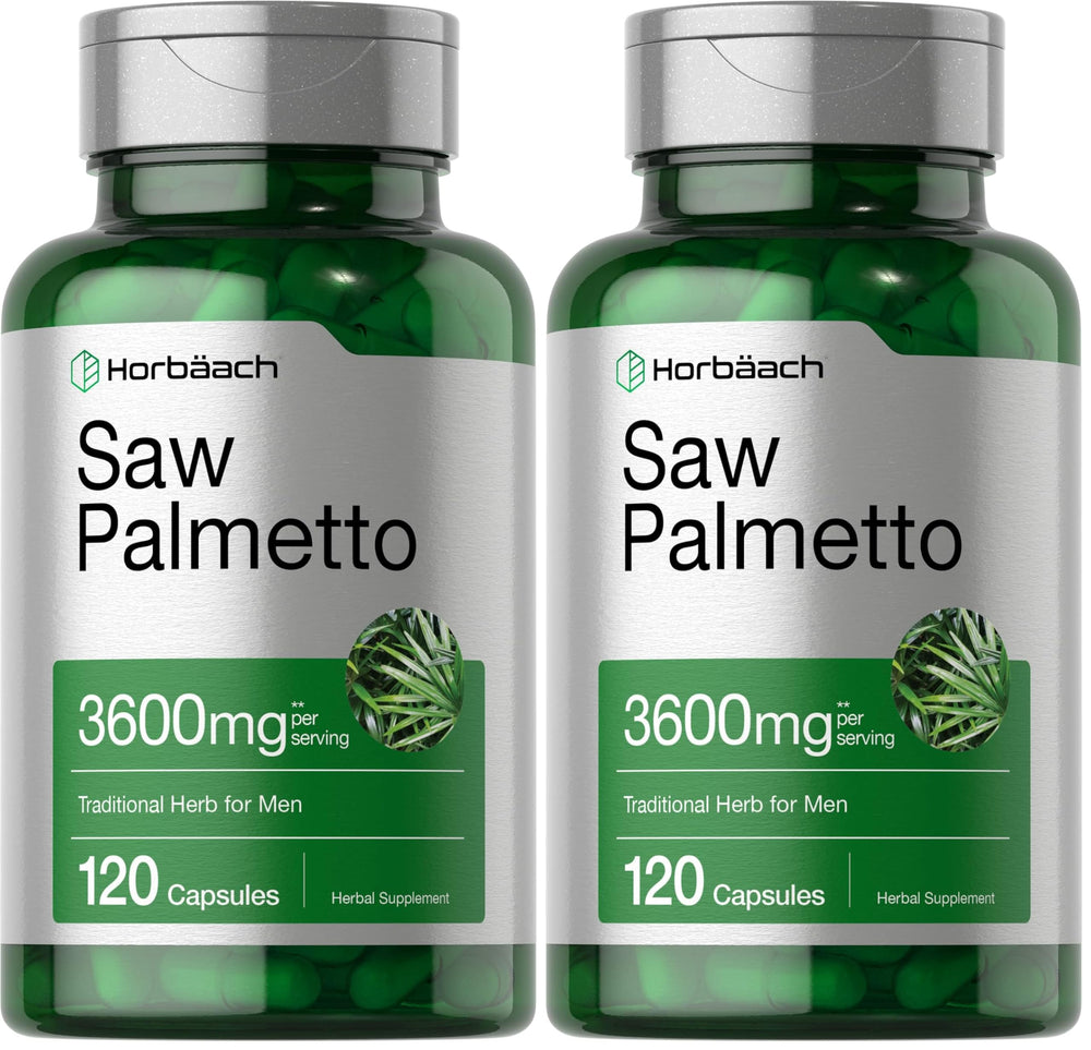 Front view of Horbaach Saw Palmetto Extract 120 capsules pack of 2