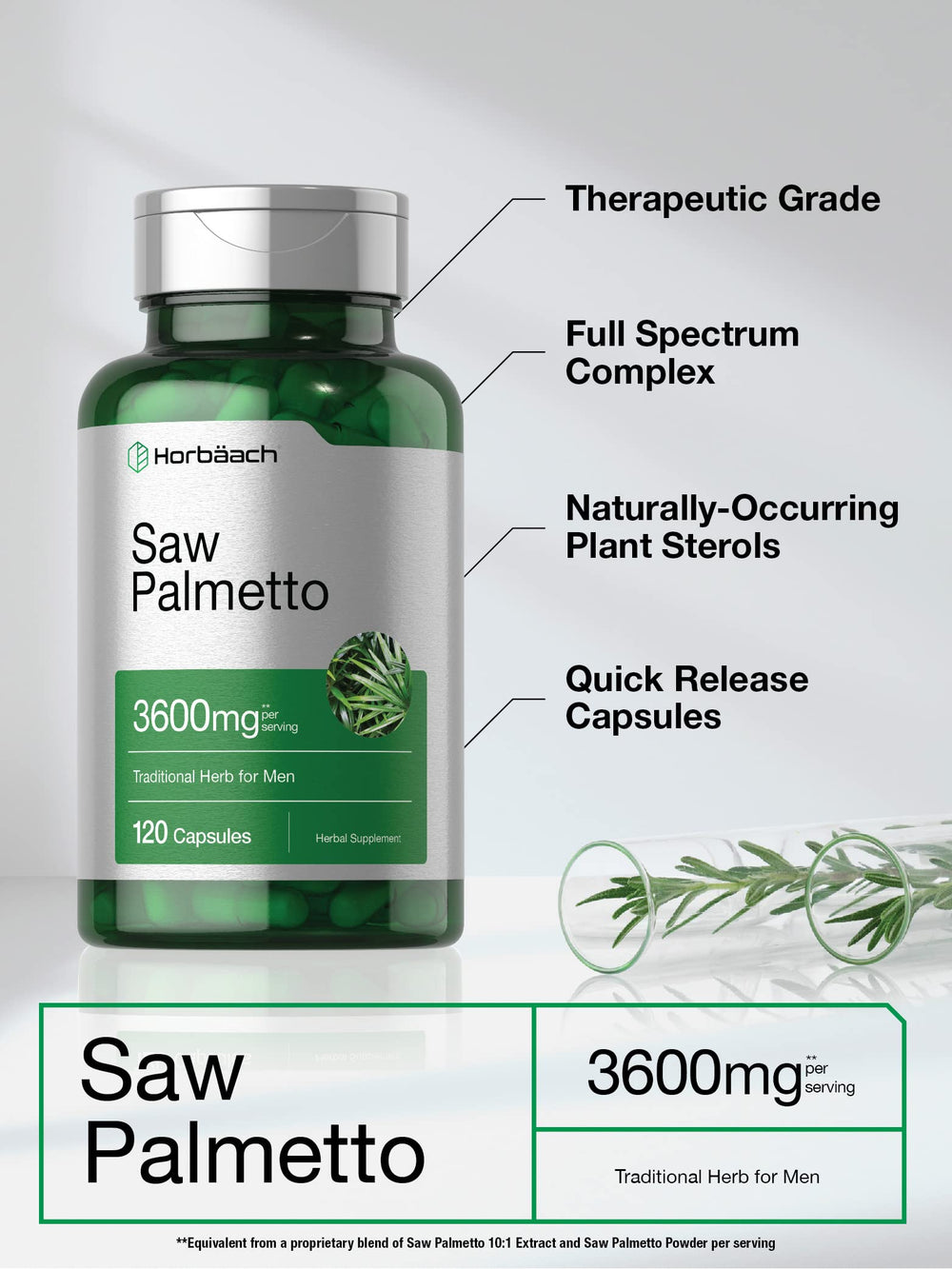 Supplement facts panel for Horbaach Saw Palmetto Extract 120 capsules