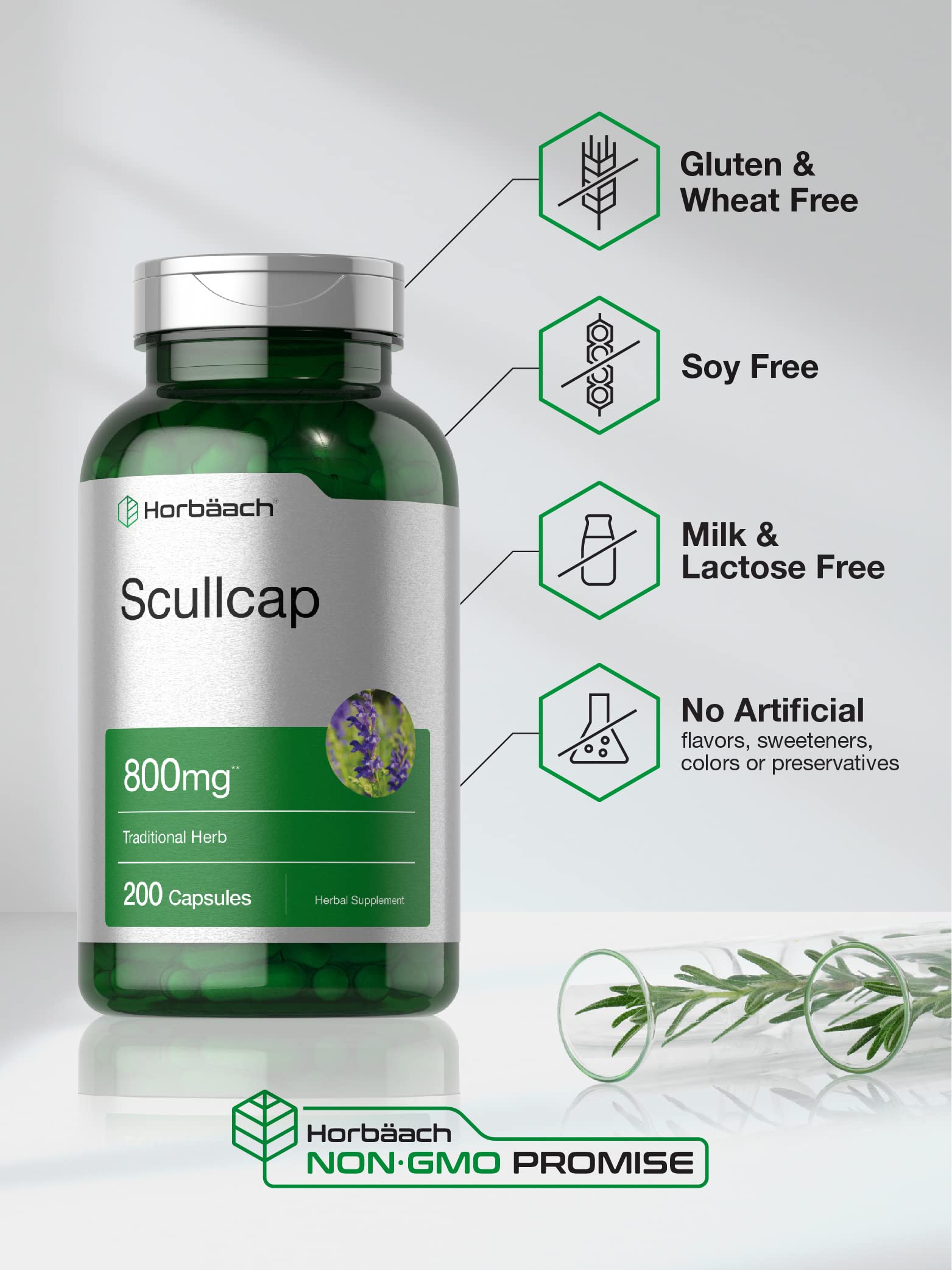 Front view of Horbaach Scullcap Capsules bottle on white background