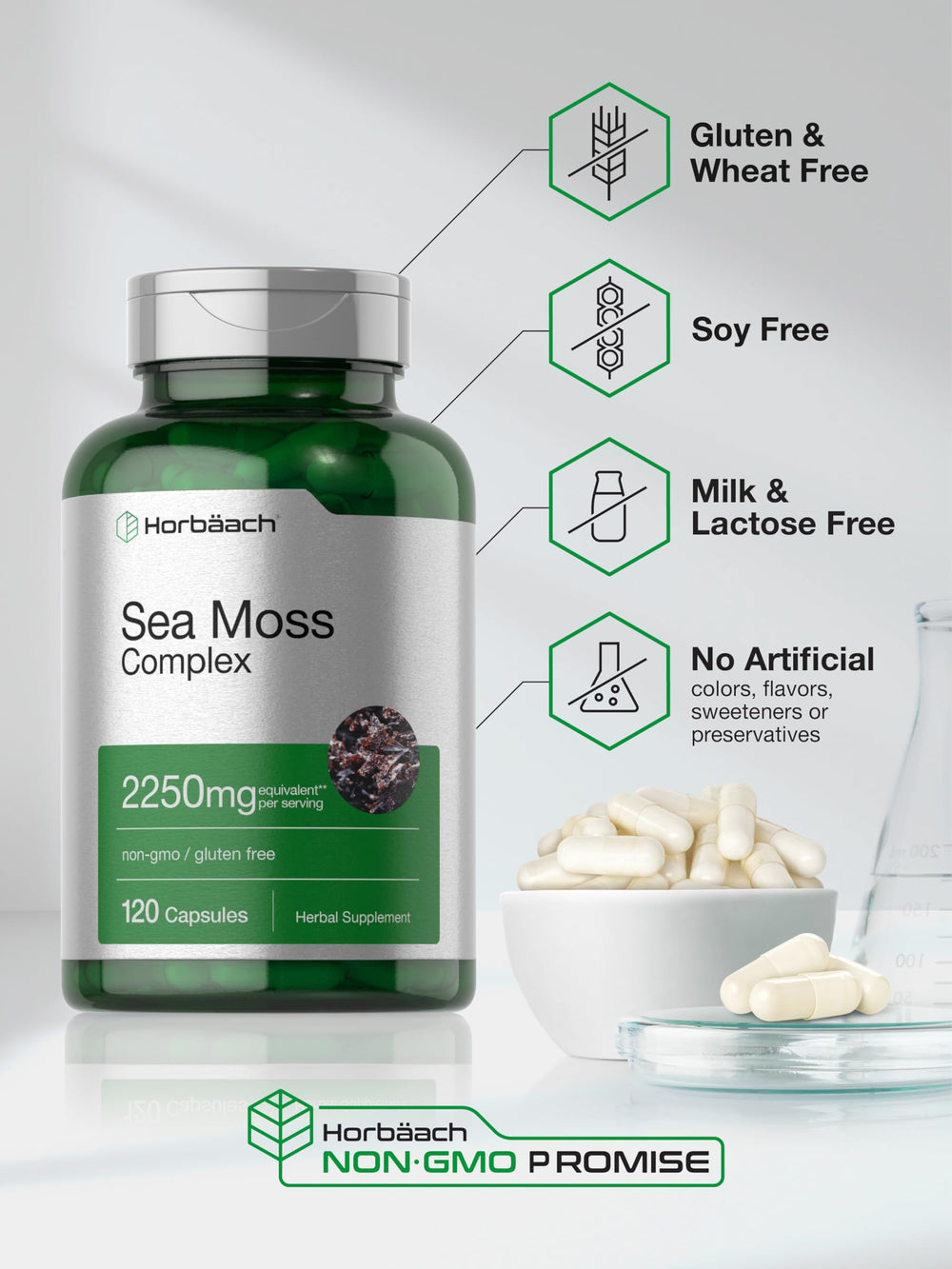 Capsules and bottle on white background
