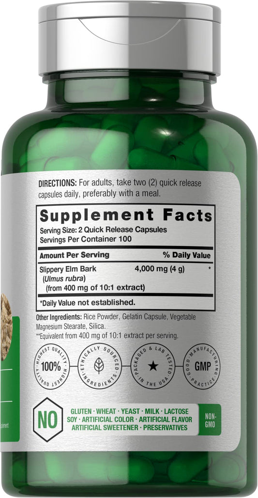 Back view of the Horbaach Slippery Elm Bark Capsules bottle with label details