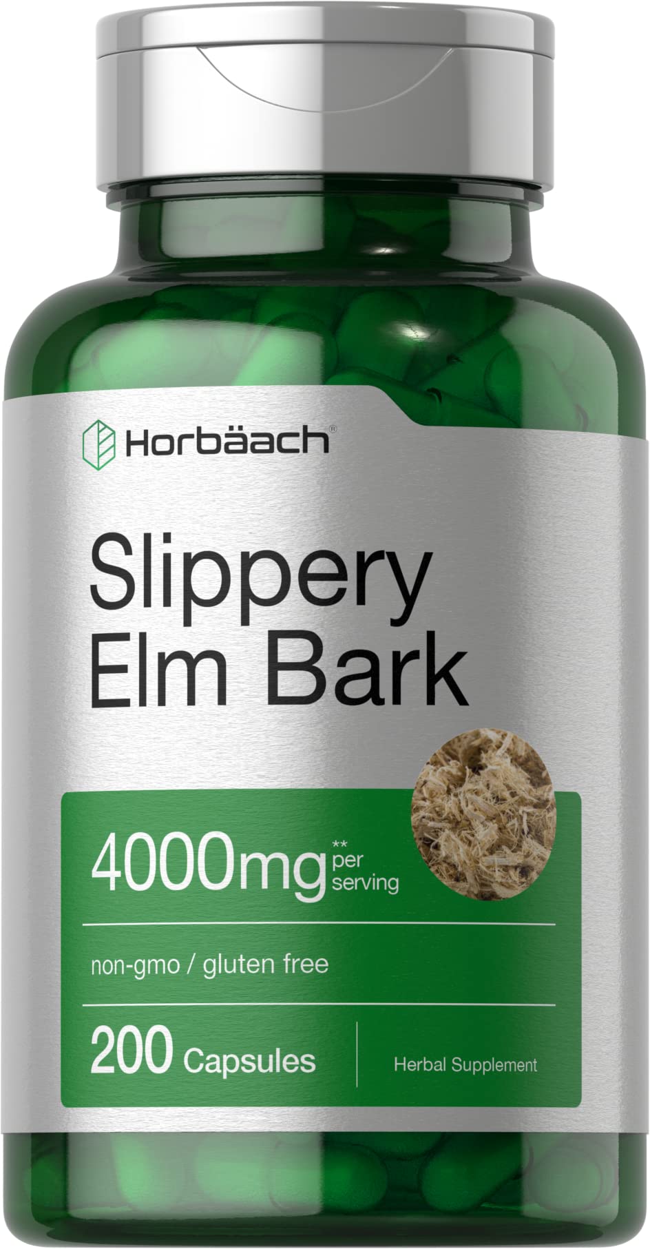 Front view of Horbaach Slippery Elm Bark Capsules bottle - 200 count