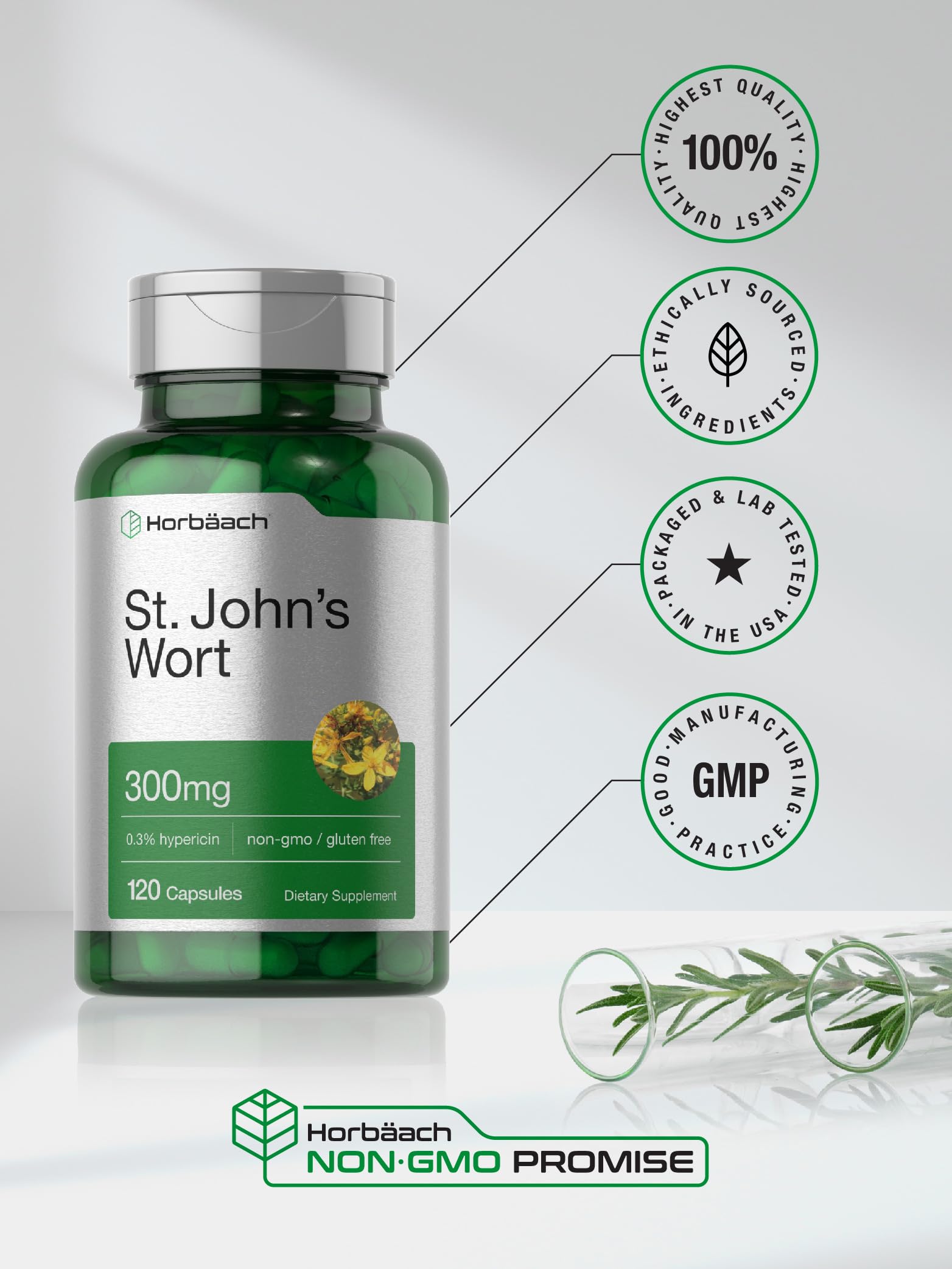 Gluten-free icon and non-GMO certification on Horbäach label