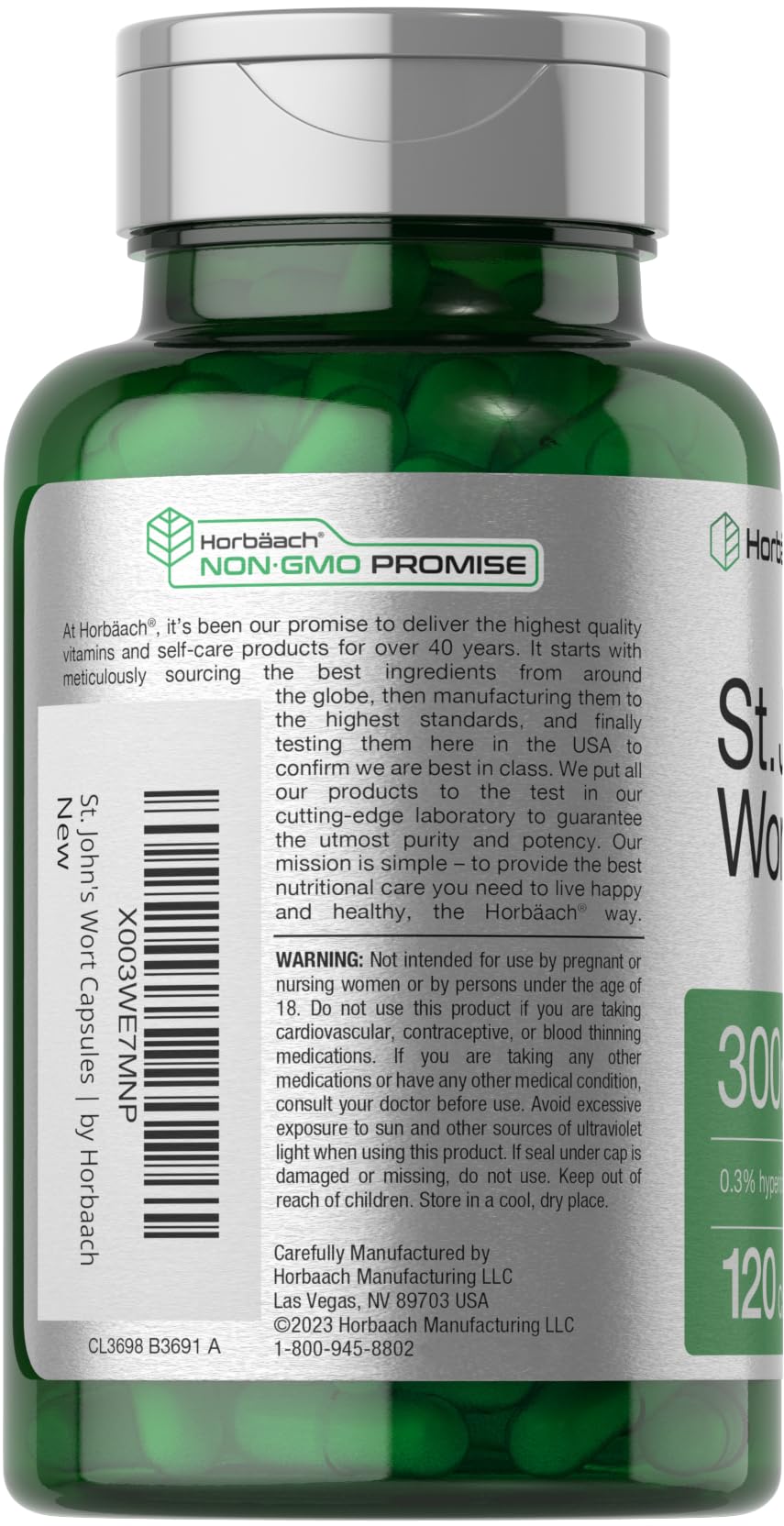 Product label for Horbäach St John's Wort Capsules 300mg