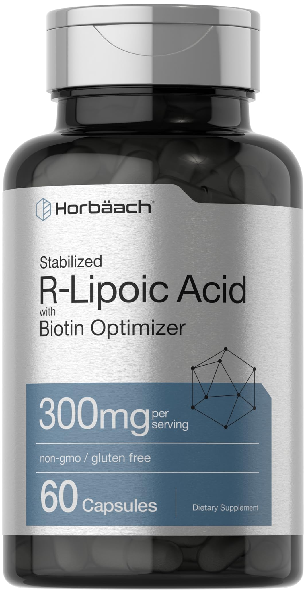 Front view of Horbaach Stabilized R-Lipoic Acid 300mg bottle