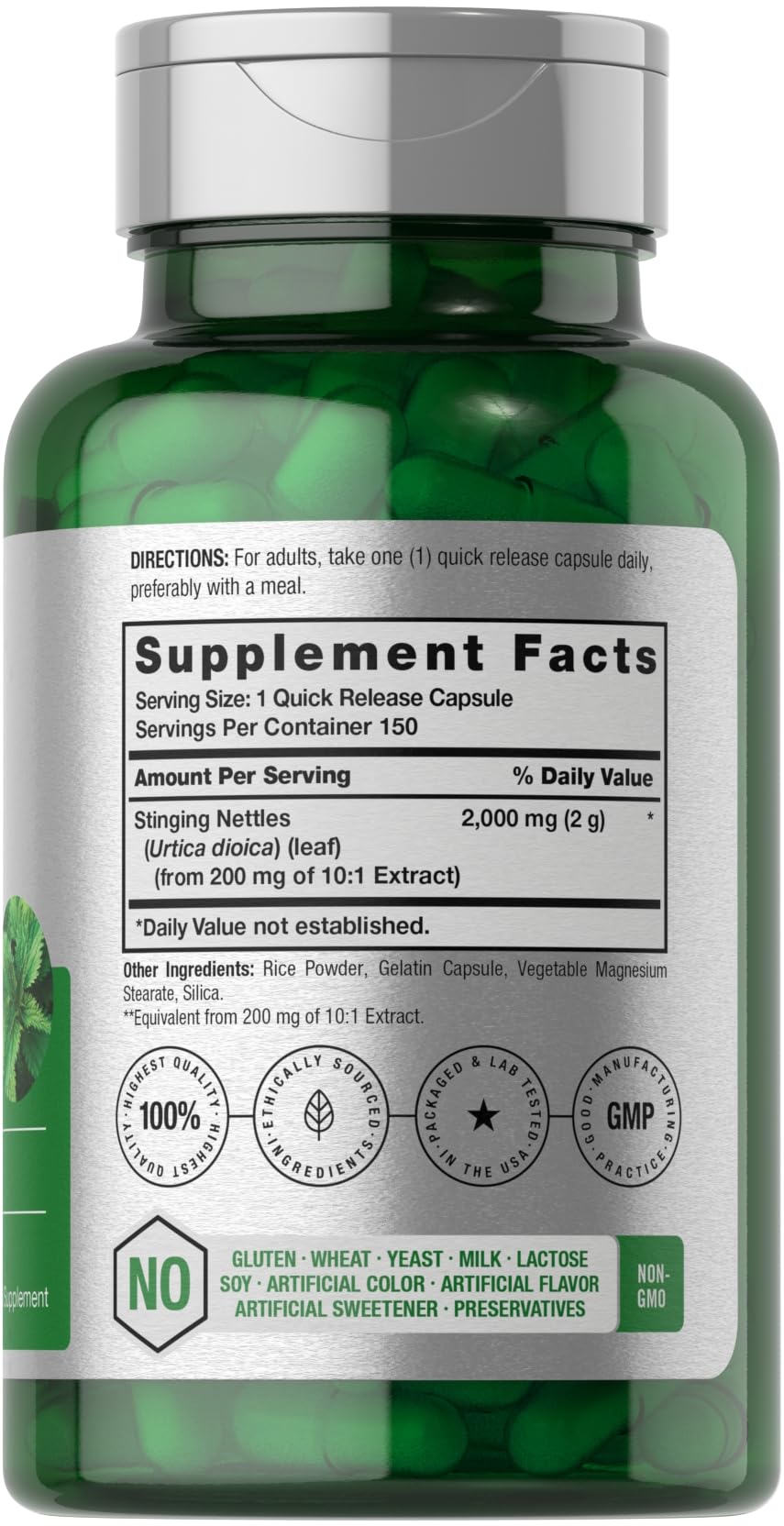 Close-up of 2000 mg Stinging Nettles capsules