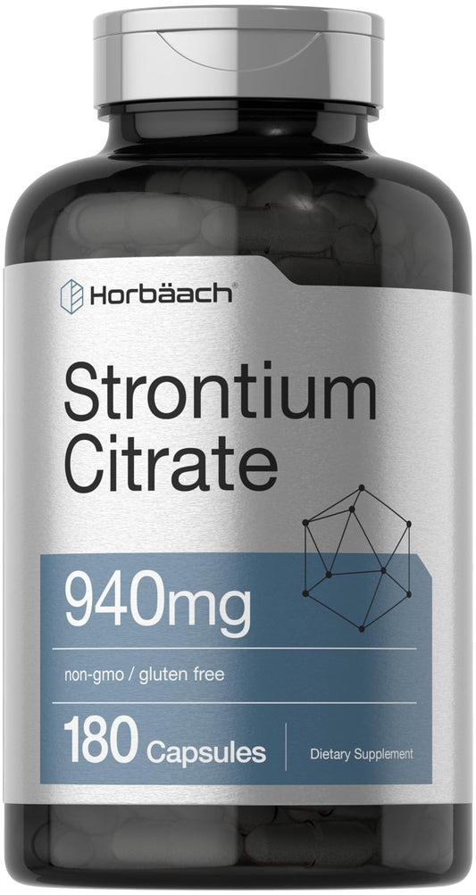 Front view of Horbäach Strontium Citrate 940 mg bottle and label